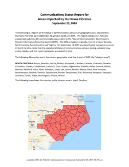 Communications Status Report for Areas Impacted by Hurricane Florence September 20, 2018