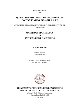 Qgis-Based Assessment of Groundwater Contamination in Mathura, Up