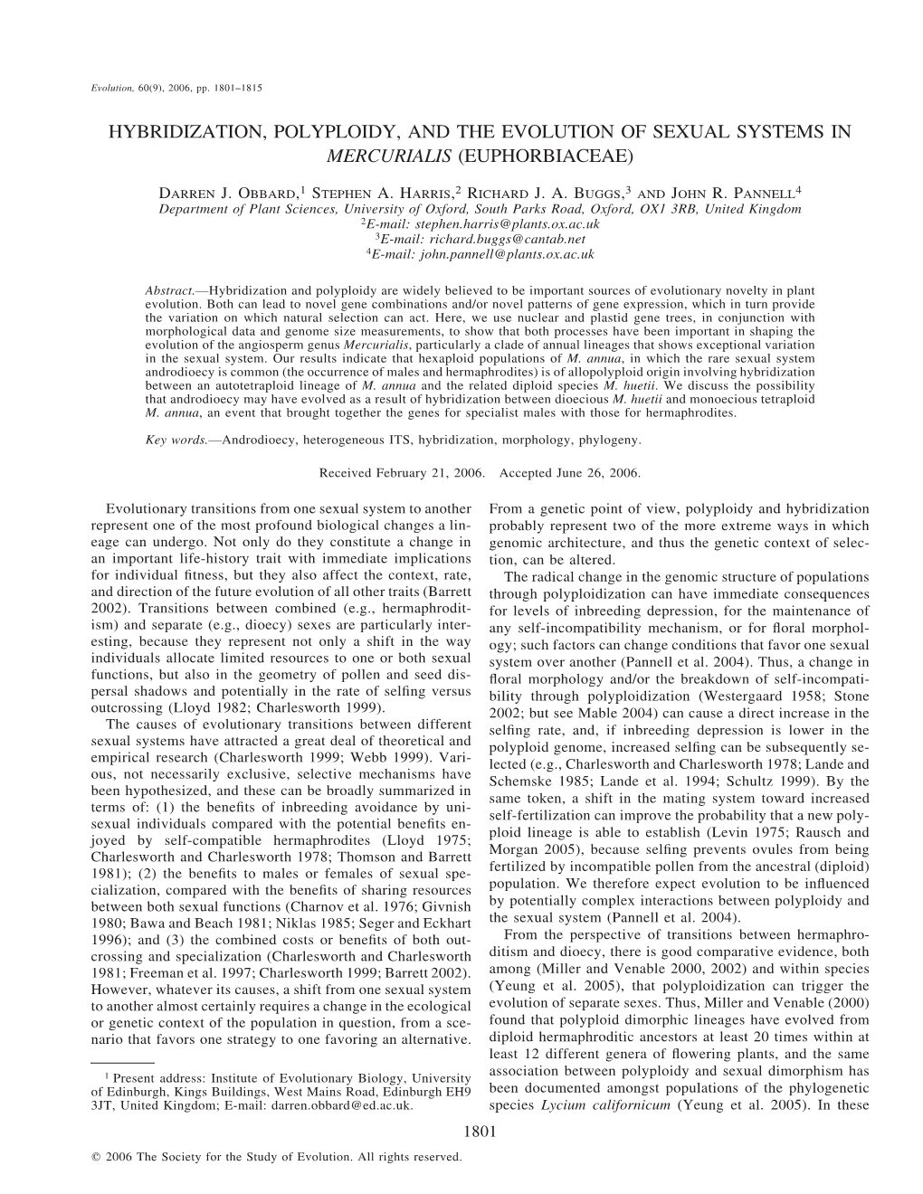 Hybridization, Polyploidy, and the Evolution of Sexual Systems in Mercurialis (Euphorbiaceae)