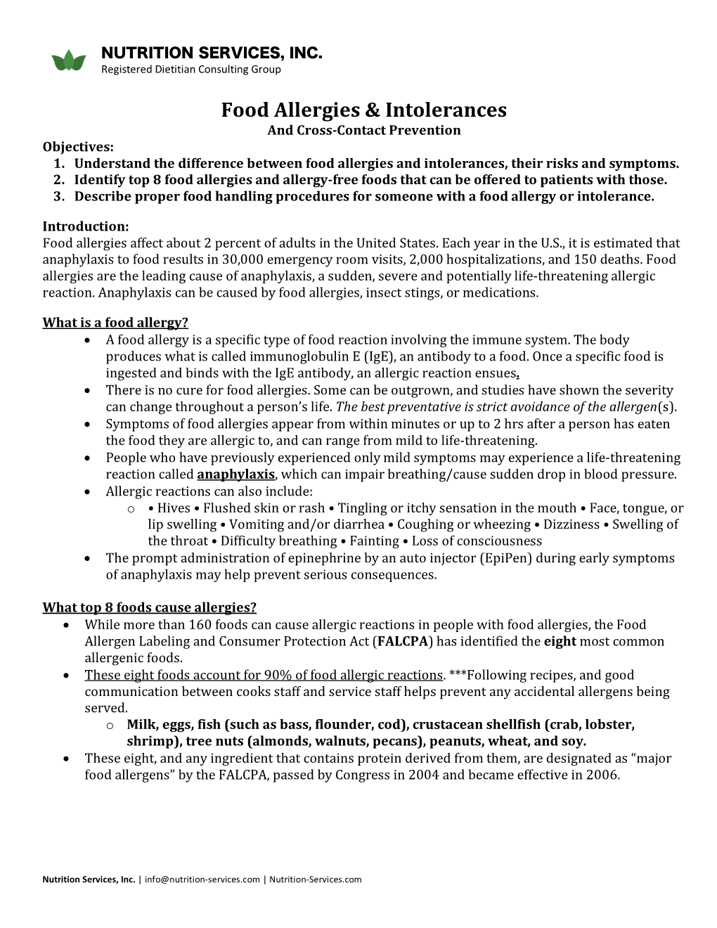 Food Allergies & Intolerances and Cross-Contact Prevention Objectives: 1