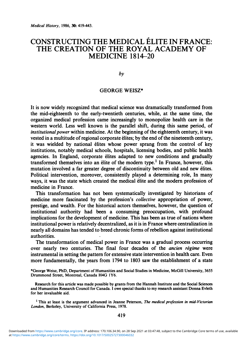 Constructing the Medical Elite in France: the Creation of the Royal Academy of Medicine 1814-20