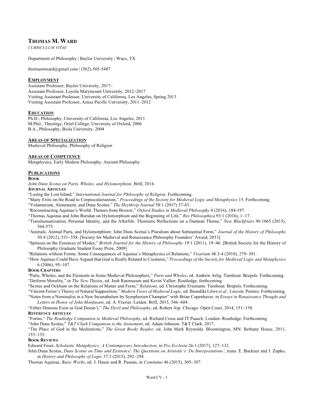 Thomas M. Ward Curriculum Vitae