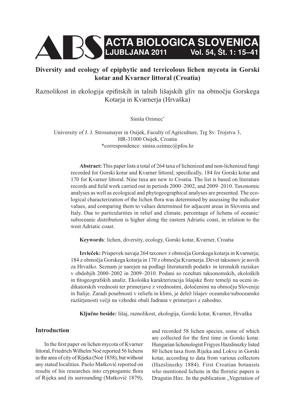 ACTA BIOLOGICA SLOVENICA LJUBLJANA 2011 Vol