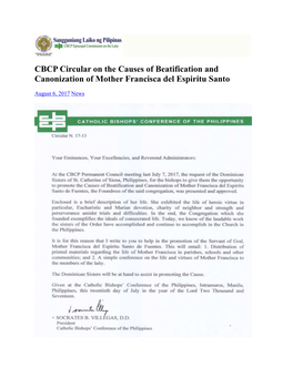 CBCP Circular on the Causes of Beatification and Canonization of Mother Francisca Del Espiritu Santo