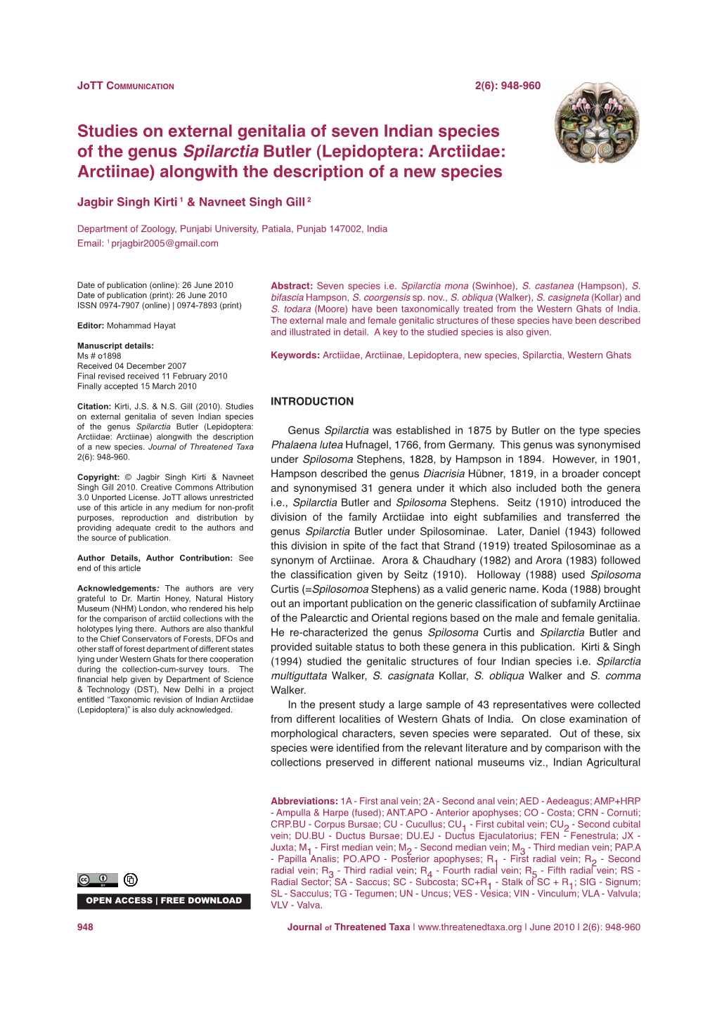 Studies on External Genitalia of Seven Indian Species of the Genus Spilarctia Butler (Lepidoptera: Arctiidae: Arctiinae) Alongwith the Description of a New Species