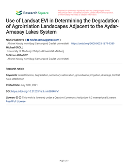 Use of Landsat EVI in Determining the Degradation of Agroirriation Landscapes Adjacent to the Aydar- Arnasay Lakes System