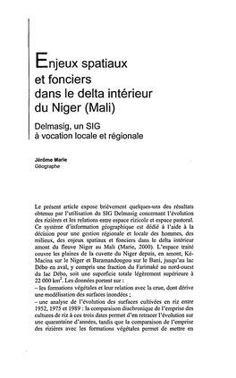 Enjeux Spatiaux Et Fonciers Dans Le Delta Intérieur Du Niger (Mali) : Delmasig, Un SIG À Vocation Locale Et Régionale