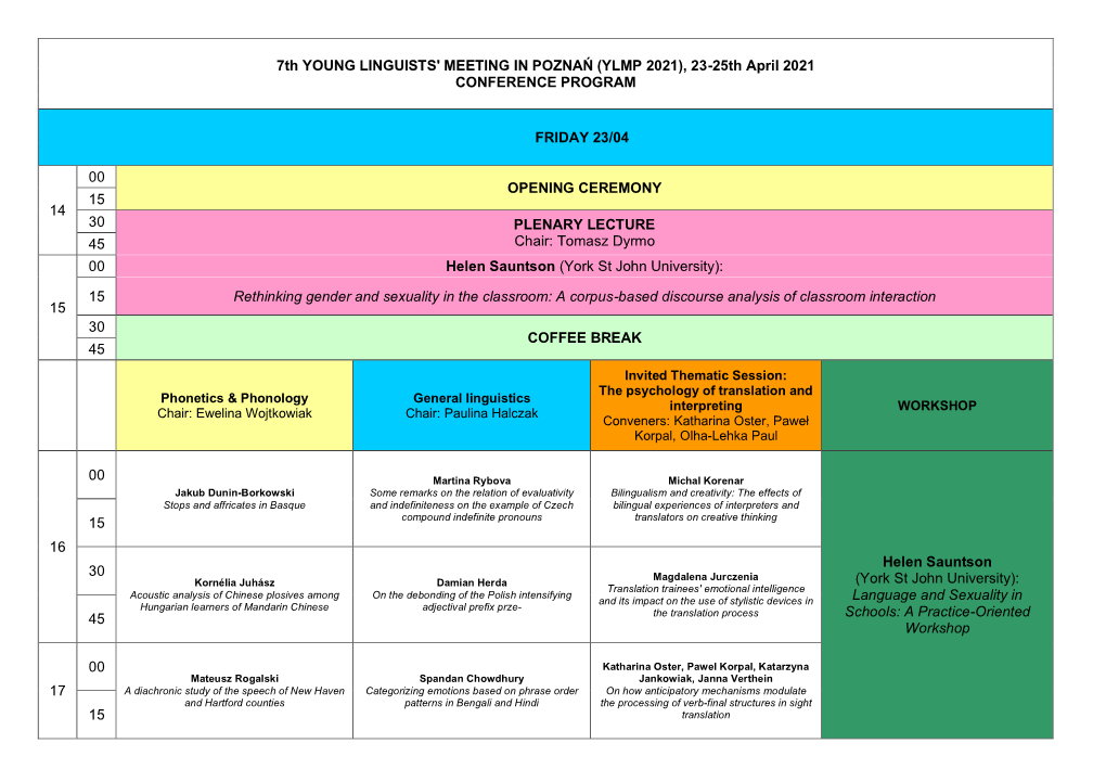 7Th YOUNG LINGUISTS' MEETING in POZNAŃ (YLMP 2021), 23-25Th April 2021 CONFERENCE PROGRAM