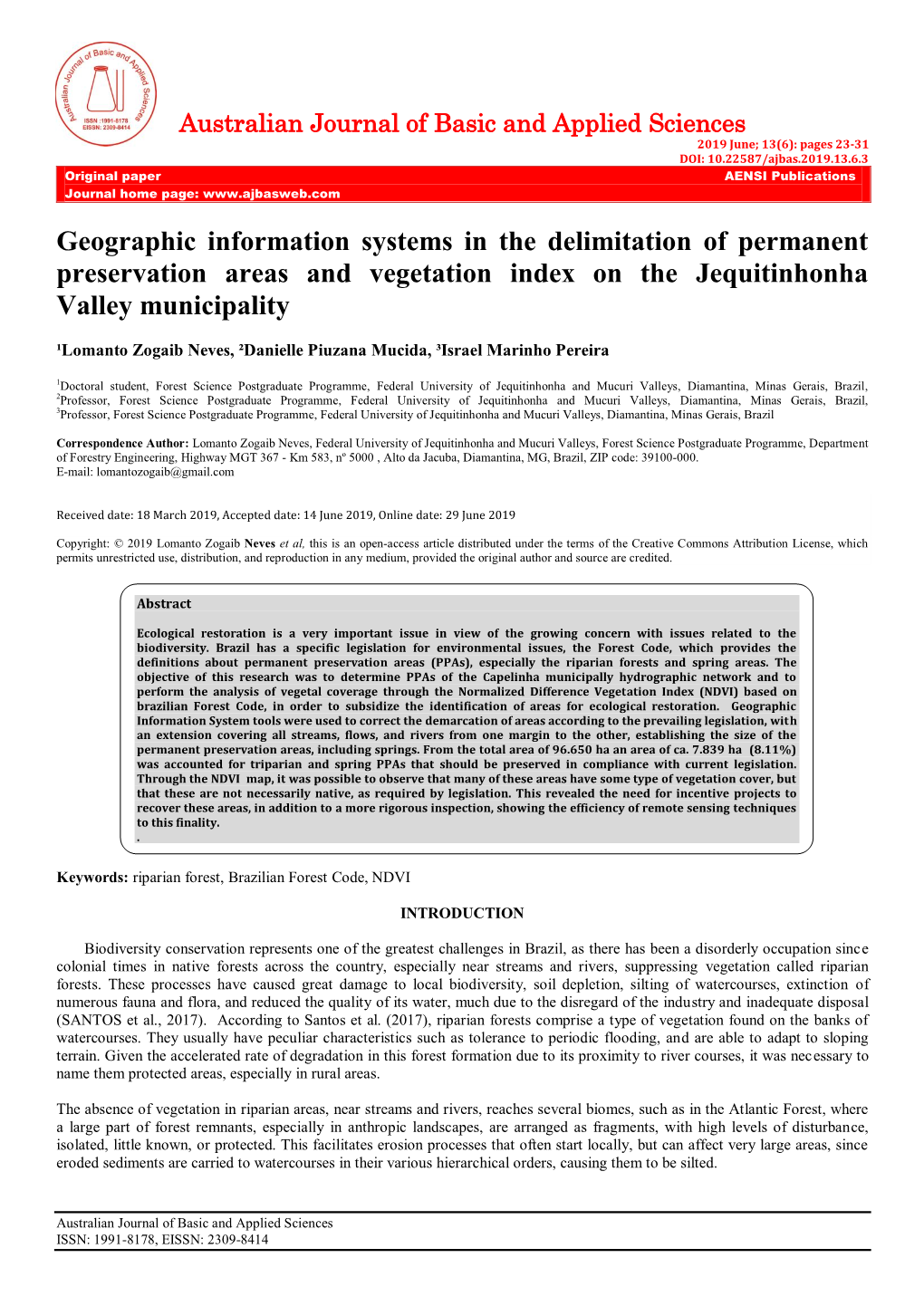 Geographic Information Systems in the Delimitation of Permanent Preservation Areas and Vegetation Index on the Jequitinhonha Valley Municipality