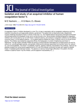 Isolation and Study of an Acquired Inhibitor of Human Coagulation Factor V