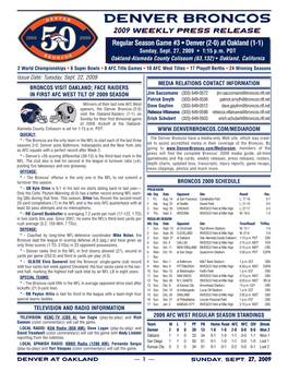 Broncos 2009 Weekly Press Release Regular Season Game #3 • Denver (2-0) at Oakland (1-1) Sunday, Sept