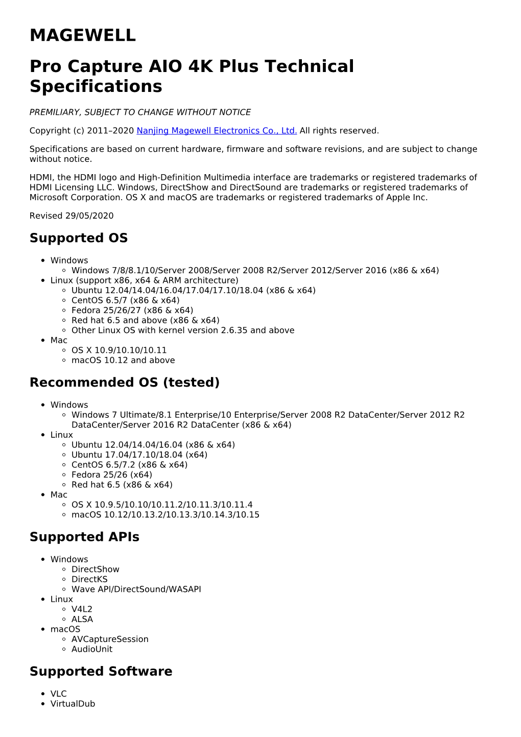 MAGEWELL Pro Capture AIO 4K Plus Technical Specifications