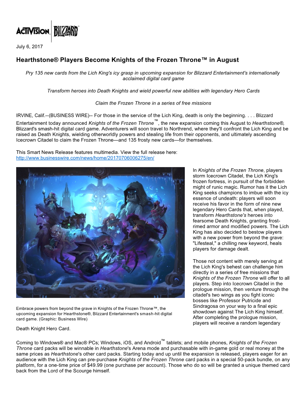 Hearthstone® Players Become Knights of the Frozen Throne™ in August