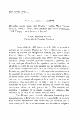 Picasso. Toros Y Toreros, París, Réunion Des Musées Nationaux, 1993, 256 Págs., En Folio Menor, Ilustrado
