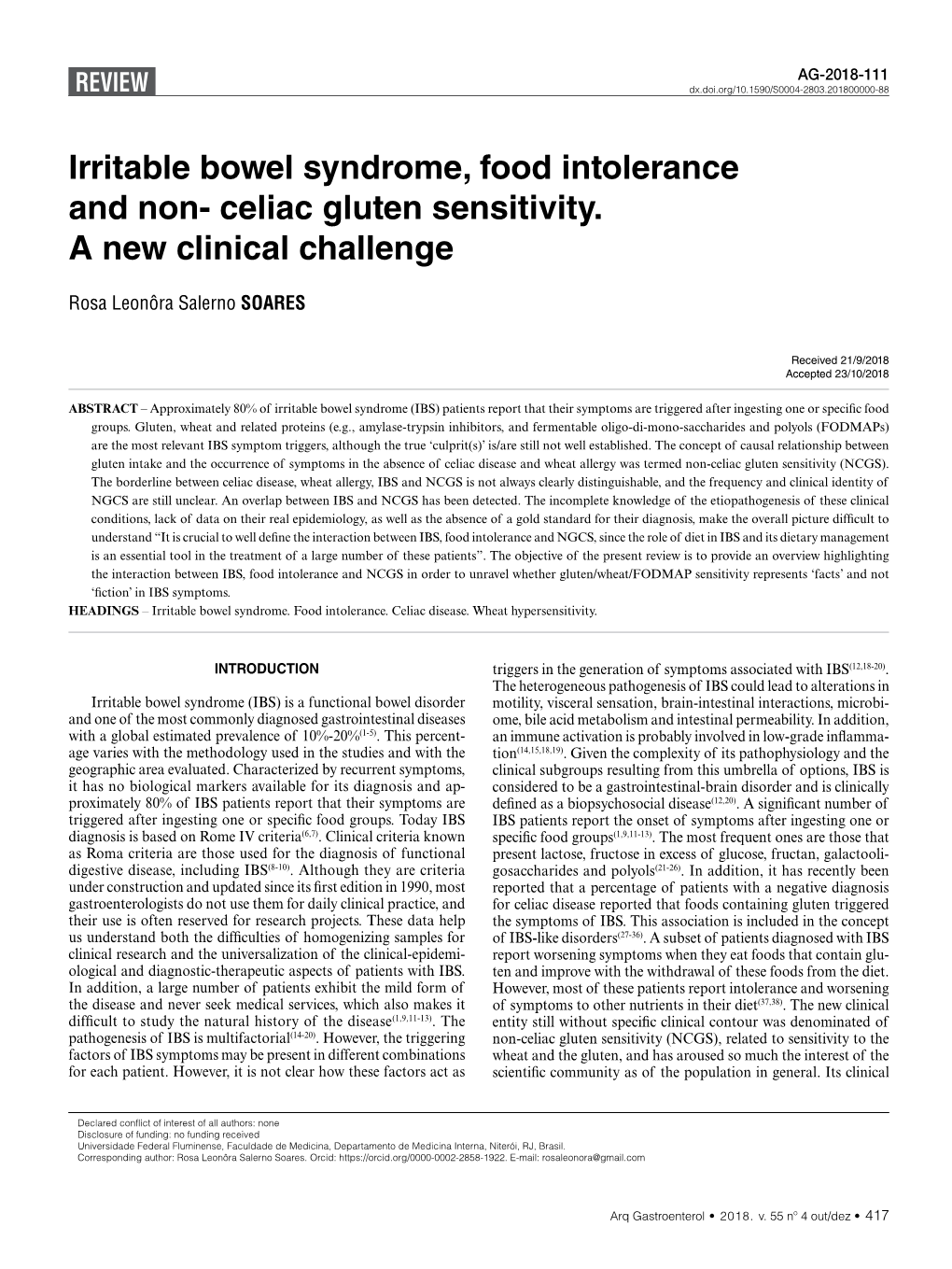 Irritable Bowel Syndrome, Food Intolerance and Non- Celiac Gluten Sensitivity