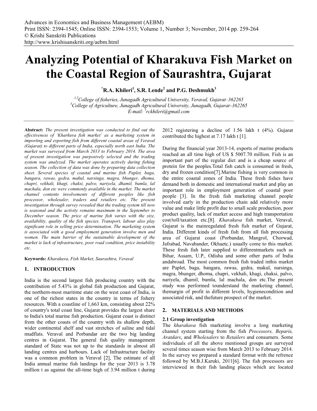 Analyzing Potential of Kharakuva Fish Market on the Coastal Region of Saurashtra, Gujarat