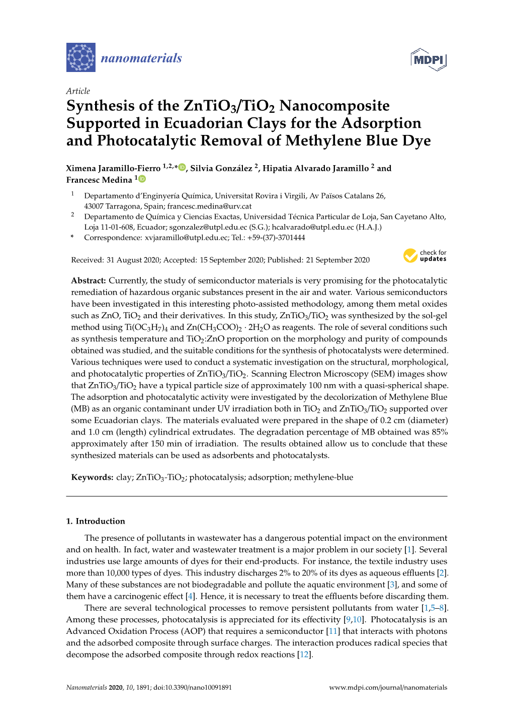 Synthesis of the Zntio3/Tio2 Nanocomposite Supported in Ecuadorian Clays for the Adsorption and Photocatalytic Removal of Methylene Blue Dye