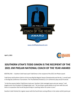 Southern Utah's Todd Simon Is the Recipient of the 2021 Jim Phelan National Coach of the Year Award