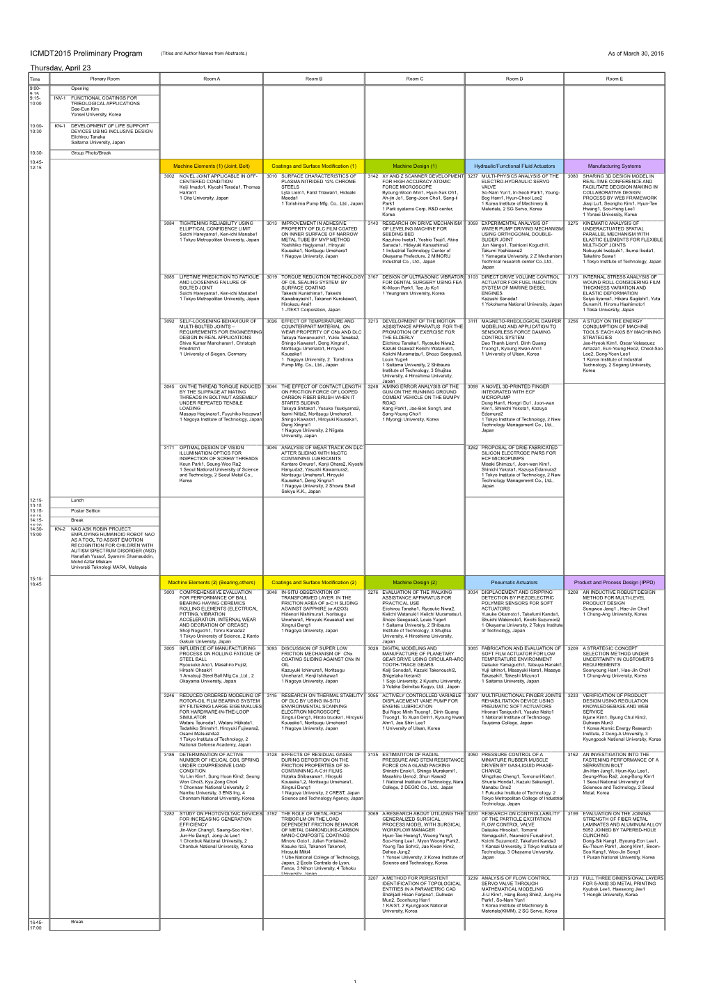 ICMDT2015 Preliminary Program Thursday, April 23