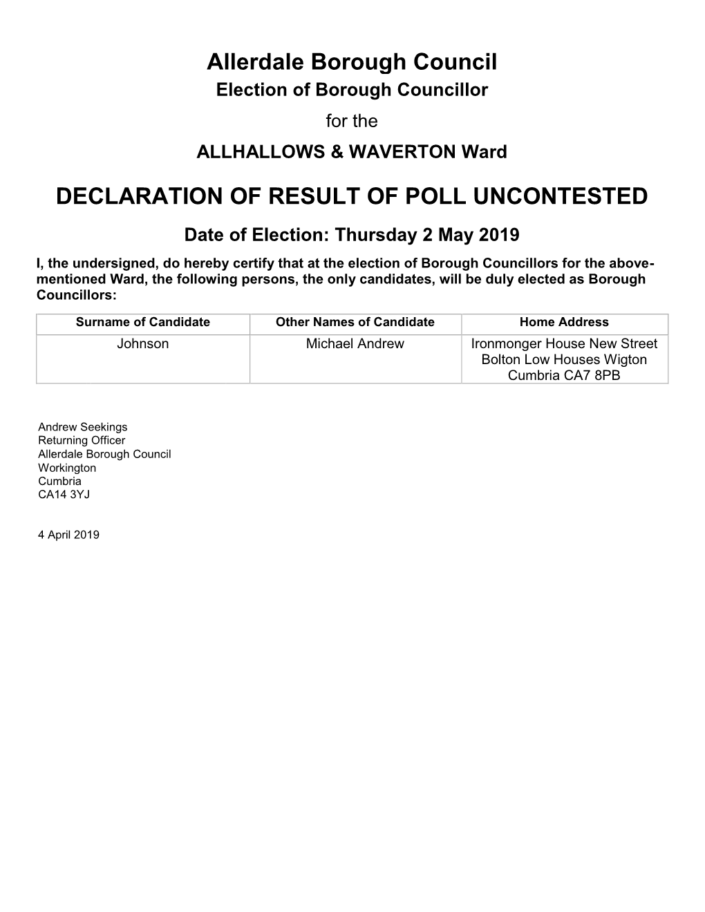 Allerdale Borough Council DECLARATION of RESULT OF