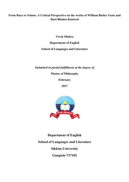 Department of English School of Languages and Literature Sikkim University Gangtok-737102