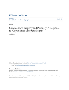 Commentary: Property and Propriety: a Response to "Copyright As a Property Right?" Mark Rose