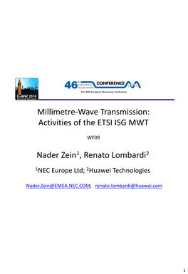 Millimetre-Wave Transmission: Activities of the ETSI ISG MWT