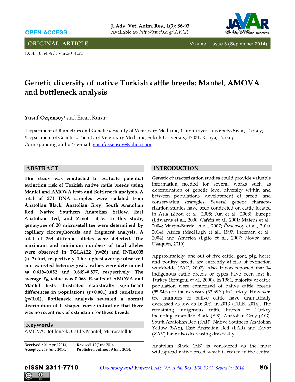 Genetic Diversity of Native Turkish Cattle Breeds: Mantel, AMOVA and Bottleneck Analysis