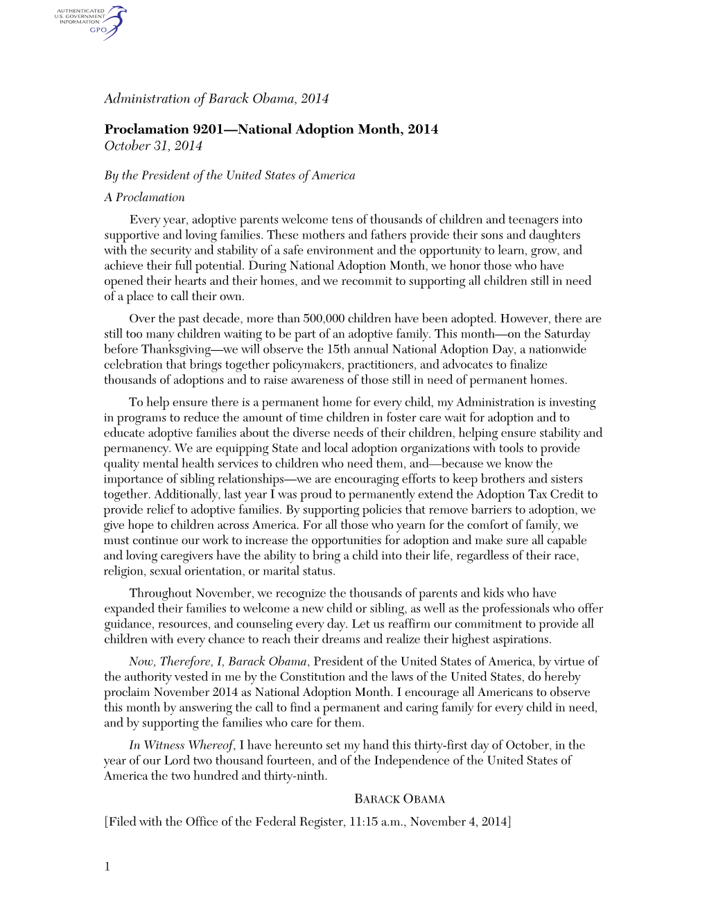 Administration of Barack Obama, 2014 Proclamation 9201—National