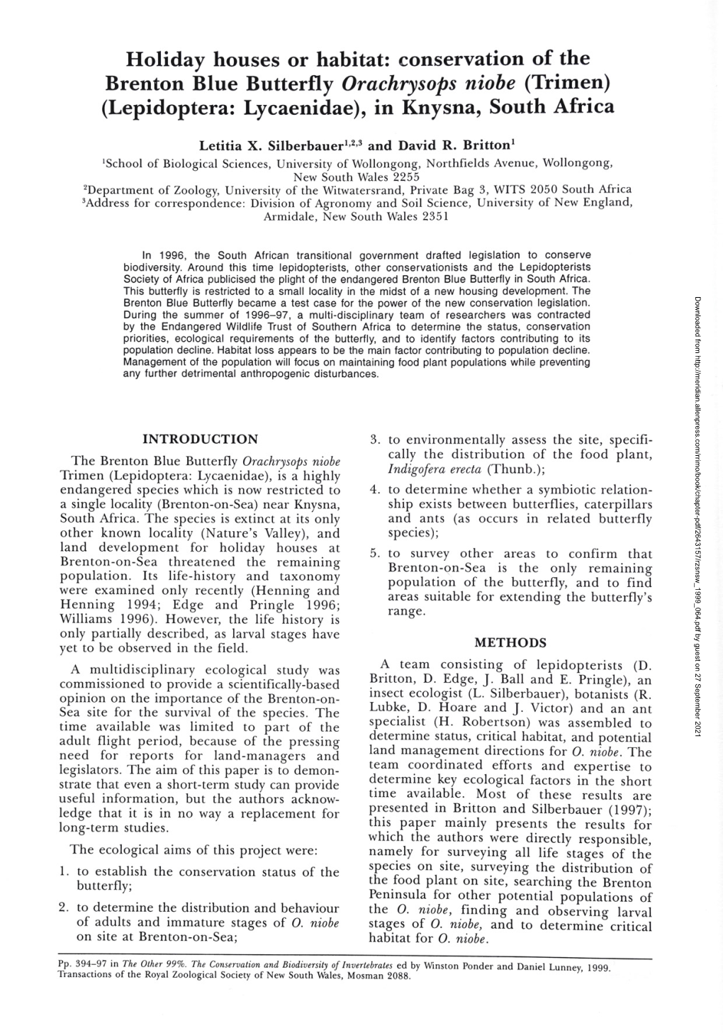 Conservation of the Brenton Blue Butterfly Orachrysops Niobe (Trimen) (Lepidoptera: Lycaenidae), in Knysna, South Africa