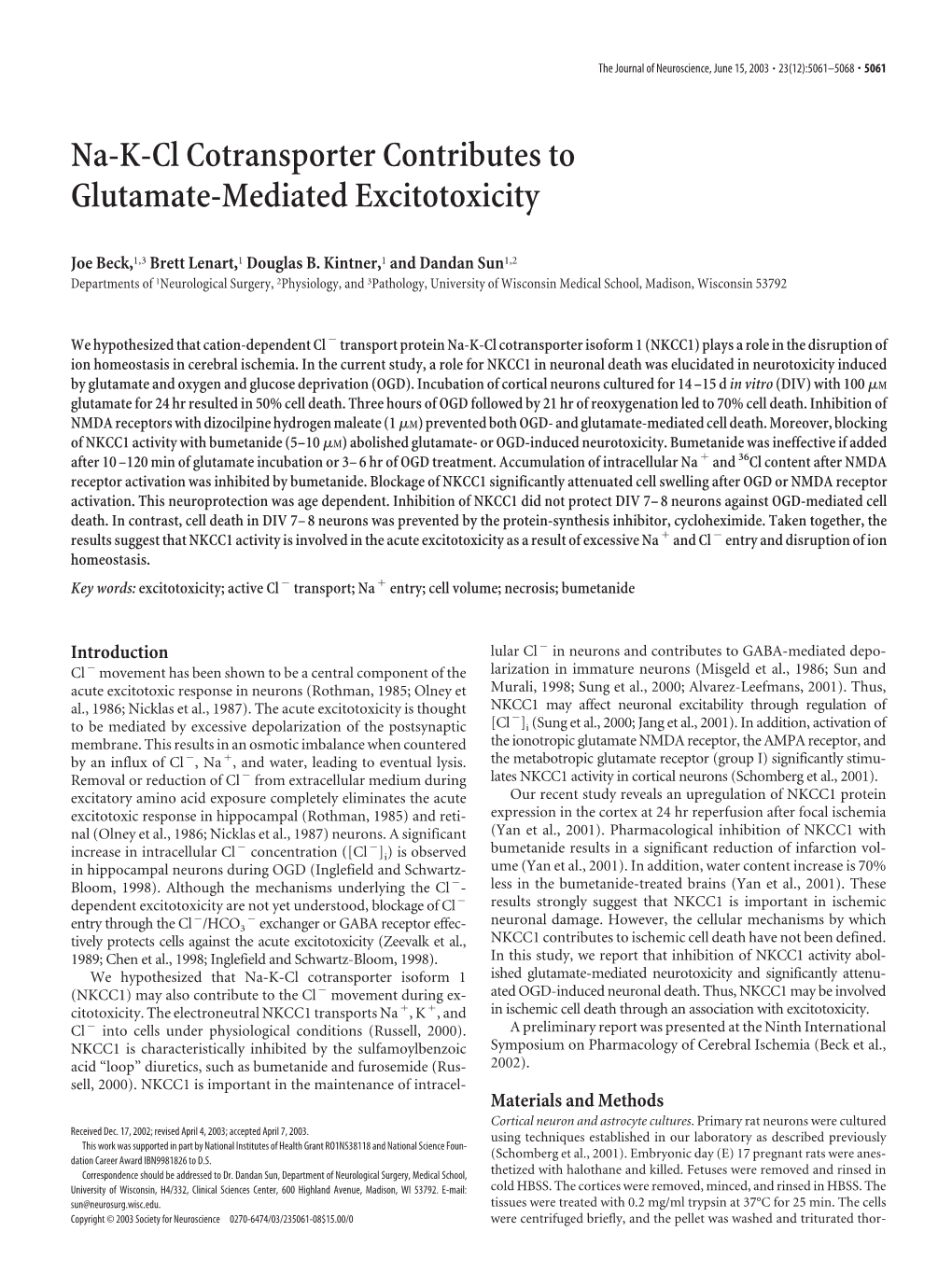 Na-K-Cl Cotransporter Contributes to Glutamate-Mediated Excitotoxicity