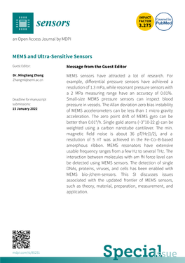 Call for Paper of Special Issue MEMS and Ultra-Sensitive Sensors