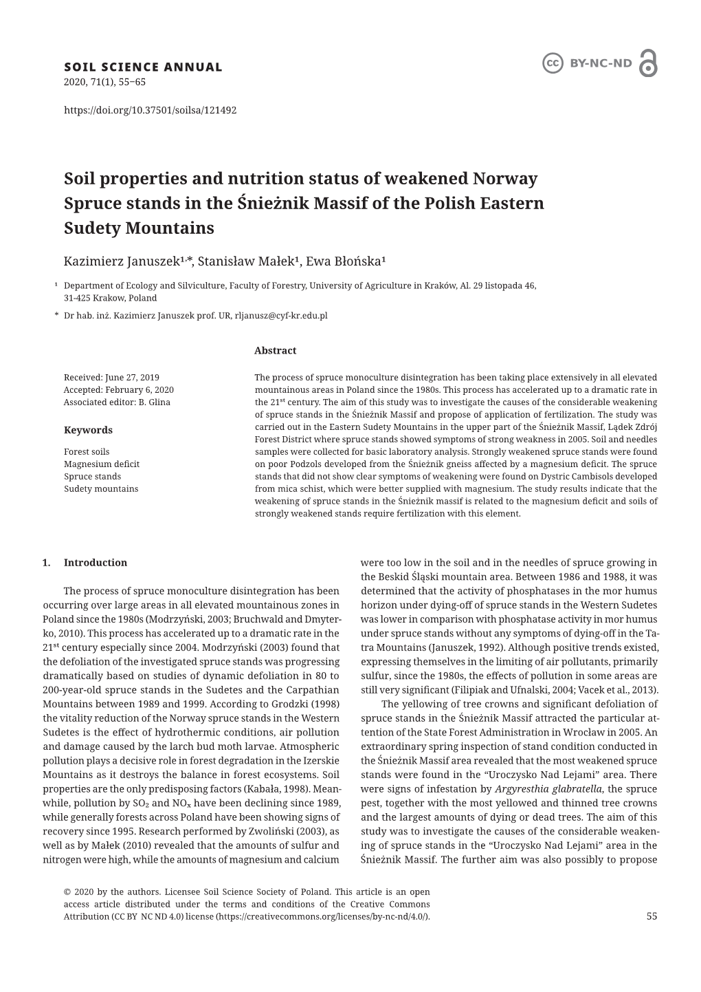 Soil Properties and Nutrition Status of Weakened Norway Spruce Stands in the Śnieżnik Massif of the Polish Eastern Sudety Mountains