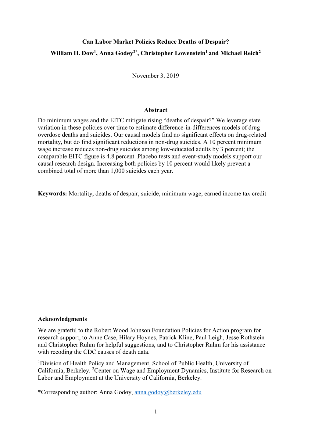 Can Labor Market Policies Reduce Deaths of Despair? William H