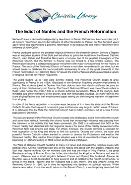The Edict of Nantes and the French Reformation