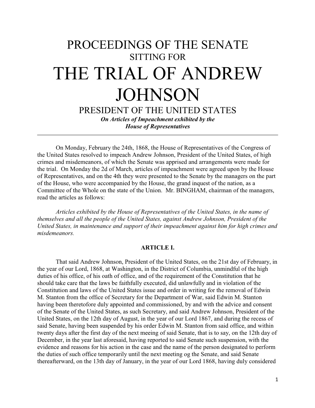 Articles of Impeachment Against President Andrew Johnson