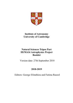 Institute of Astronomy University of Cambridge Natural Sciences Tripos Part III/Mast Astrophysics Project Booklet Version Date