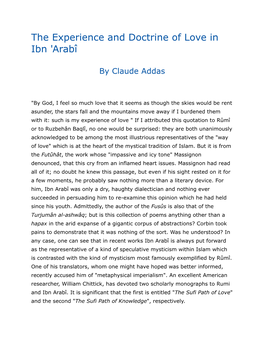 The Experience and Doctrine of Love in Ibn Arabi by Claude Addas