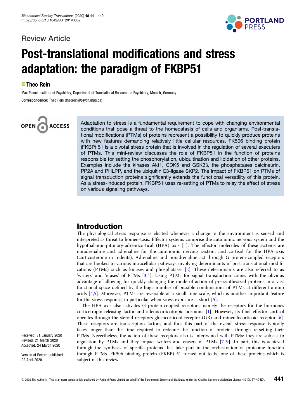 Post-Translational Modifications and Stress Adaptation: the Paradigm of FKBP51