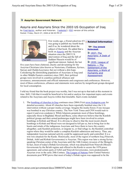 Assyria and Assyrians Since the 2003 US Occupation of Iraq Page 1 of 29