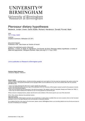 Pterosaur Dietary Hypotheses Bestwick, Jordan; Unwin, David; Butler, Richard; Henderson, Donald; Purnell, Mark