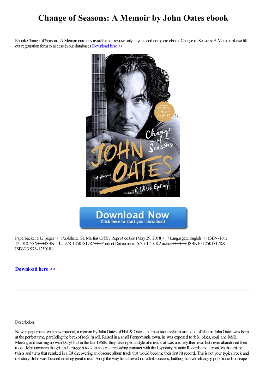 Change of Seasons: a Memoir by John Oates Ebook