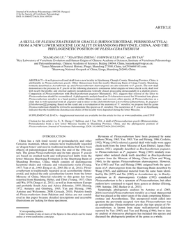 Rhinocerotidae, Perissodactyla) from a New Lower Miocene Locality in Shandong Province, China, and the Phylogenetic Position of Plesiaceratherium