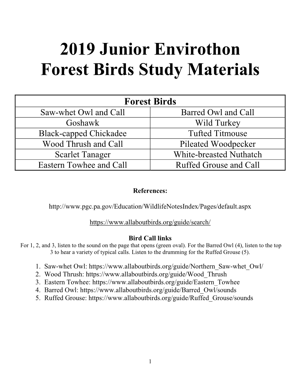 2019 Junior Envirothon Forest Birds Study Materials