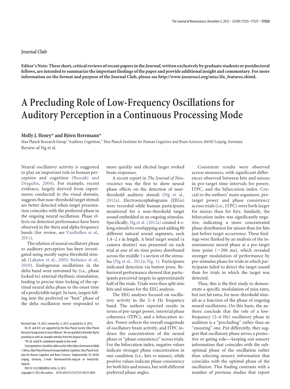 A Precluding Role of Low-Frequency Oscillations for Auditory Perception in a Continuous Processing Mode