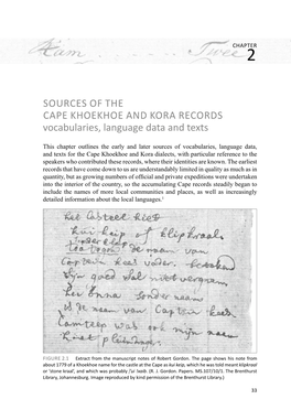 Sources of the Cape Khoekhoe and Kora Records Vocabularies, Language Data and Texts