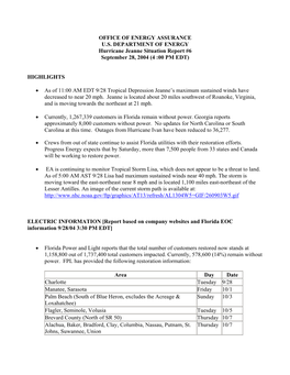 Office of Energy Assurance Hurricane Jeanne Situation Report #6