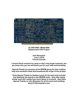 ALTAIR 8800 / IMSAI 8080 Replacement CPU Project Josh