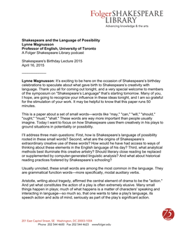 Shakespeare and the Language of Possibility Lynne Magnusson Professor of English, University of Toronto a Folger Shakespeare Library Podcast