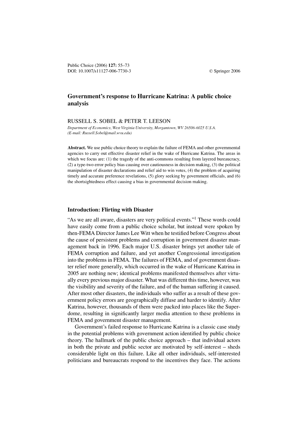 Government's Response to Hurricane Katrina: a Public Choice Analysis